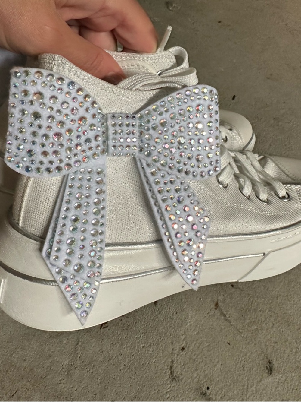 Skechers White High-Top Sneakers with Rhinestone Bow Accent